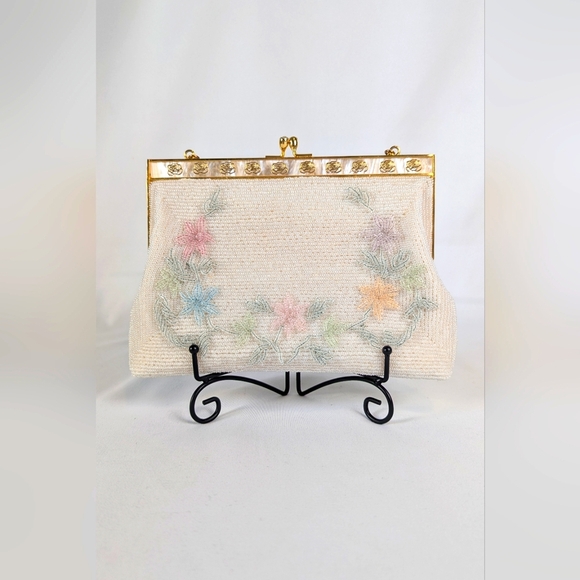 Vintage Walborg Beaded Evening Wrist Bag Clutch Floral White Ivory Wedding Bride - Picture 1 of 10